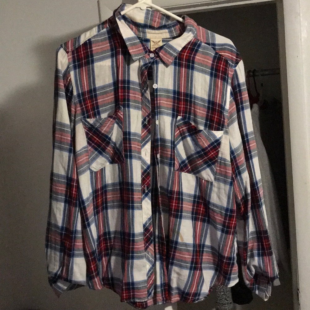 A button up shirt red,white, and blue